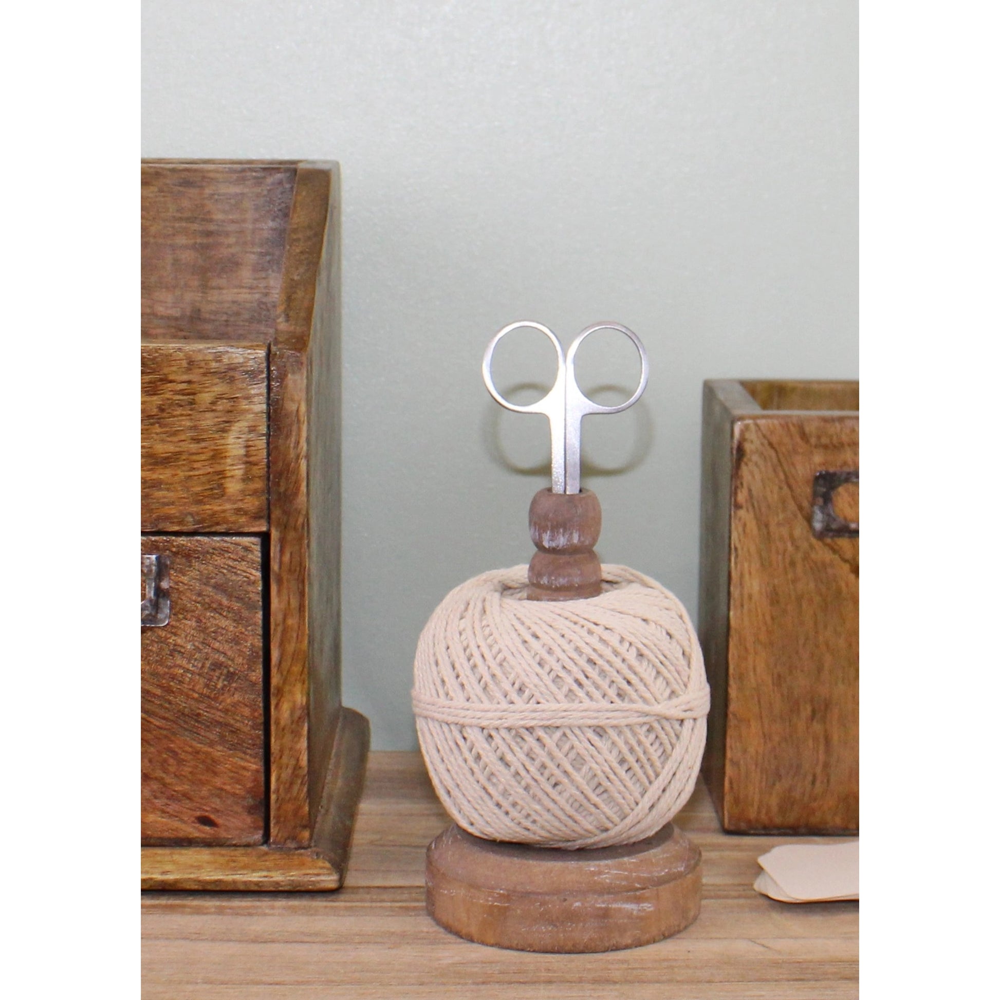 Wooden Spools of Jute Paired With Scissors Set of 3